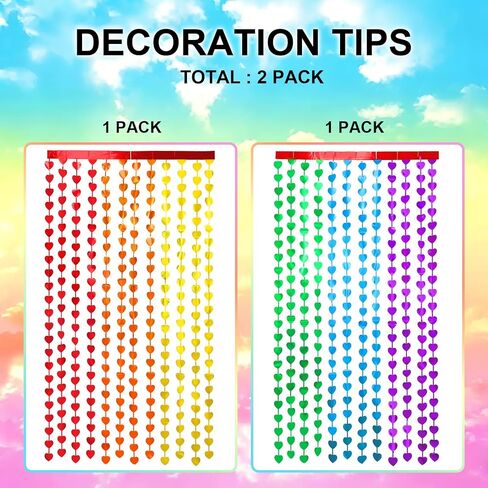 Rainbow Party Decorations, 2 Pack Rainbow Heart Party Supplies | 3.3 x 6.6ft Foil Fringe Curtains, Rainbow-Themed Streamers Photo Booth Props Backdrop for Birthday Kindergarten Cartoon Party in Saudi Arabia