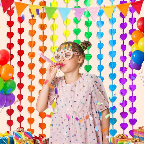 Rainbow Party Decorations, 2 Pack Rainbow Heart Party Supplies | 3.3 x 6.6ft Foil Fringe Curtains, Rainbow-Themed Streamers Photo Booth Props Backdrop for Birthday Kindergarten Cartoon Party in Saudi Arabia