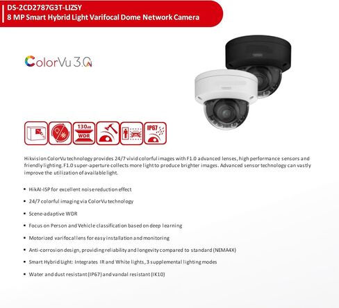 DS-2CD2787G3T-LIZSY 4K POE IP Camera Color-Vu Motorized 2.8-12MM Lens | 130ft Night Vision Anti-Corrosion Design WDR H.265+ Human and Vehicle Detection Work with Ⲏіkconnect in Saudi Arabia