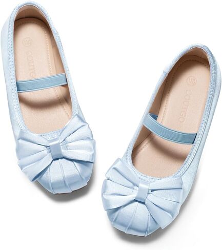 Coutgo Girls Dress Shoes Bow Ballet Flats Satin Square Toe Mary Jane Shoes | Ballerina, Slip-On, Flower Girl, Princess Shoes, Comfort, Cute, Elastic Strap, Wedding, Party, School in Kuwait