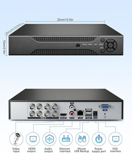 8CH 1080P H.265+ Security DVR Recorder for Wired CCTV Surveillance Cameras, 5-in-1 Hybrid AHD/TVI/CVI/CVBS/IP, HDMI/VGA Output, Remote Access (No Hard Drive) in Saudi Arabia
