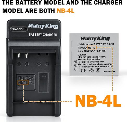 Rainy King NB-4L Battery + Charger for Canon PowerShot SD30, SD40, SD200, SD300, SD400, SD430, SD450, SD600, SD630, SD750, SD780 is, SD940 is,SD960 is, SD1000, SD1100 is, SD1400 is, TX1 in Saudi Arabia