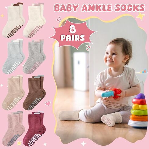 8 Pair Baby Non Slip Grip Ankle Socks with Grippers | Toddler Grip Socks for 1-3 Years Old Toddler Boys Girls in Kuwait
