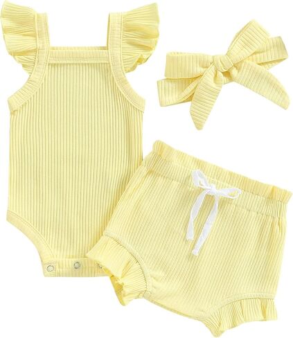 Toddler Girls Casual 3 Pieces Fly Sleeve Solid Color Romper Tops Drawstring Short Pants Headband Outfits in Saudi Arabia