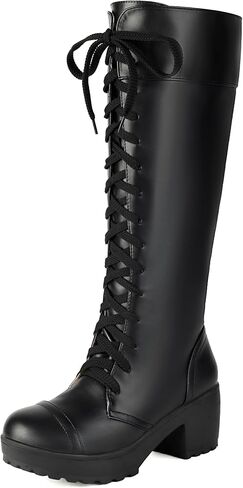 BEAUPAS Women's Knee High Combat Boots Goth Platform Lace Up, Black, 12.5 | Chunky Block Heel, Side Zipper, Women's Fashion, Cosplay Style, Faux Leather in Saudi Arabia