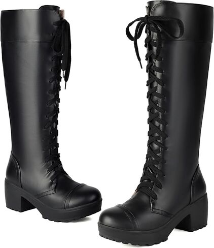 BEAUPAS Women's Knee High Combat Boots Goth Platform Lace Up, Black, 12.5 | Chunky Block Heel, Side Zipper, Women's Fashion, Cosplay Style, Faux Leather in Saudi Arabia