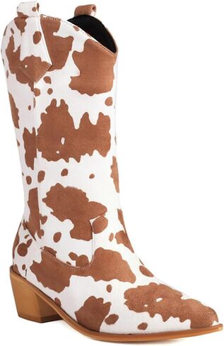 Cowboy Boots for Women Mid Calf Cowgirl Western Boots Cow Print Pointed Toe Chunky Heel Shoes US4-11 in Saudi Arabia