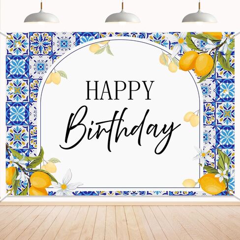 Blue Tiles Lemon Birthday Backdrop - Summer Mediterranean Capri Lemon Party Decor, Italy Amalfi Coast Birthday Party Decorations 7x5ft in Saudi Arabia