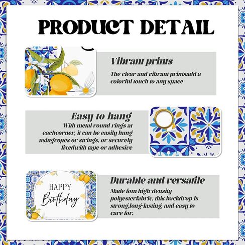 Blue Tiles Lemon Birthday Backdrop - Summer Mediterranean Capri Lemon Party Decor, Italy Amalfi Coast Birthday Party Decorations 7x5ft in Saudi Arabia