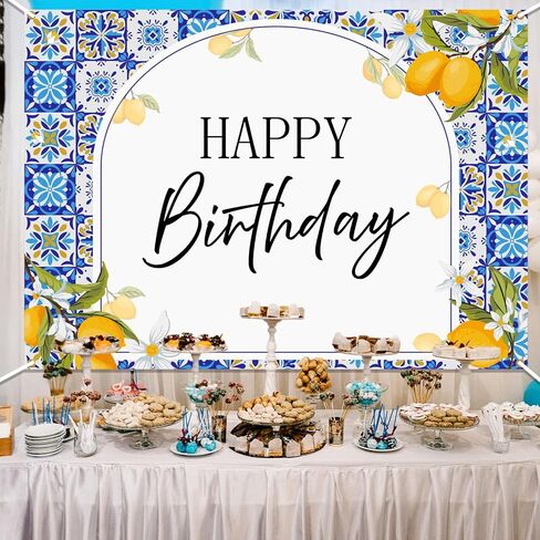 Blue Tiles Lemon Birthday Backdrop - Summer Mediterranean Capri Lemon Party Decor, Italy Amalfi Coast Birthday Party Decorations 7x5ft in Saudi Arabia