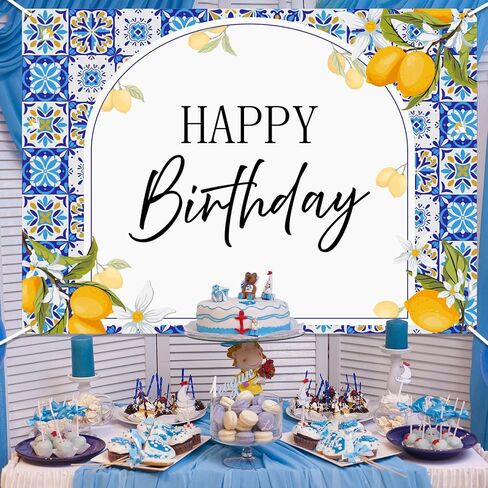 Blue Tiles Lemon Birthday Backdrop - Summer Mediterranean Capri Lemon Party Decor, Italy Amalfi Coast Birthday Party Decorations 7x5ft in Saudi Arabia