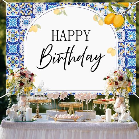 Blue Tiles Lemon Birthday Backdrop - Summer Mediterranean Capri Lemon Party Decor, Italy Amalfi Coast Birthday Party Decorations 7x5ft in Saudi Arabia