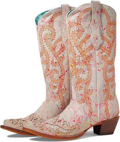 Corral Boots Womens Fluorescent Embroidered Tooled Inlay Studded Snip Toe Casual Boots Mid Calf Mid Heel 2-3" in Saudi Arabia