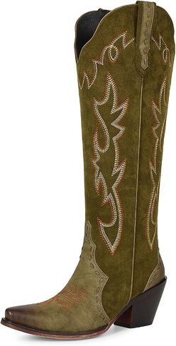 wetkiss Women's Knee High Cowboy Boots, Flame Embroidered Snip Toe | Zipper, Chunky Heel, Comfortable for All-Day Wear, Splicing, Festival Outfit, All Season, Comfortable and Breathable in Saudi Arabia