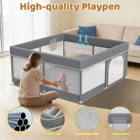Baby Playpen 50x50 for Toddlers - All-Wrapped Safety Play Yard for Babies with 2 Pull Rings - Large Play Pen for Indoor & Outdoor Activity, Sturdy Toddler Fence with Soft Breathable Mesh in Saudi Arabia