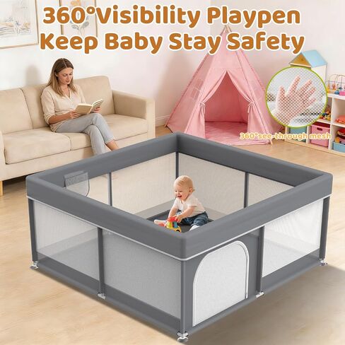 Baby Playpen 50x50 for Toddlers - All-Wrapped Safety Play Yard for Babies with 2 Pull Rings - Large Play Pen for Indoor & Outdoor Activity, Sturdy Toddler Fence with Soft Breathable Mesh in Saudi Arabia