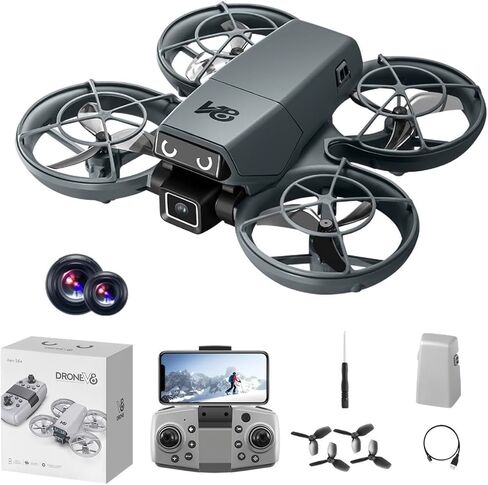 Cute Mini Beginner Camera Drone, 720P HD FPV RC Quadcopter. Equipped with standard battery for extended flight time and more fun. Features glowing eye LED lights & flashing tail lights, intelligent obstacle avoidance, optical flow positioning, 90° adjusta in Kuwait
