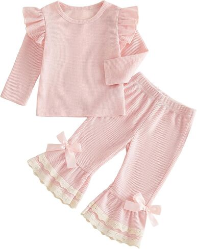 Toddler Baby Girl Fall Clothes Waffle Long Sleeve Shirt Tops and Bell Bottoms Pants 2 Piece Outfits for Girls in Kuwait