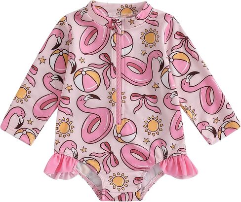 Kids Toddler Girl Swimsuit Long Sleeve Bow/Flamingo Print Zipper Rash Guard Infant Bathing Suit Swimwear in Saudi Arabia