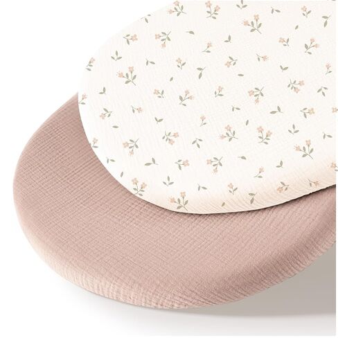 MairMore 2 Pack Muslin Baby Bassinet Sheets for Boys and Girls | Soft & Breathable, 100% Cotton, Full Elastic Fit, for Oval, Rectangle, Hourglass Bassinet Mattress Pads (Pink Blossom) in Saudi Arabia