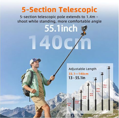 55.1"/140cm Tripod Selfie Stick for DJI Osmo Nano/Osmo Action 6 | with Magnetic Quick Release Mount Adapter, Extendable Handle with Extension Rod, 360° Ball Head & Cold Shoe Mount in Saudi Arabia