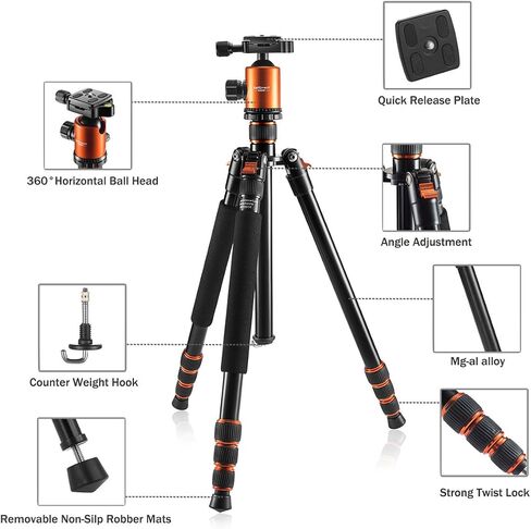 Camera Tripod, KetDirect Aluminium Compact Lightweight Professional Camera Tripods for Cameras monopod with 360 Degree Ball Head and Carry Case for Canon Nikon Sony Olympus DSLR Cameras(Orange) in Saudi Arabia