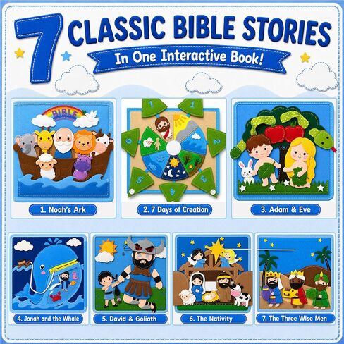 Bible Quiet Book, Felt Busy Book for Toddlers 1-3, Baptism Gifts | 7 Bible stories, Noah's Ark, Montessori toys, sensory play, soft felt pages, church toy, toddler travel toy, christening gift in Saudi Arabia