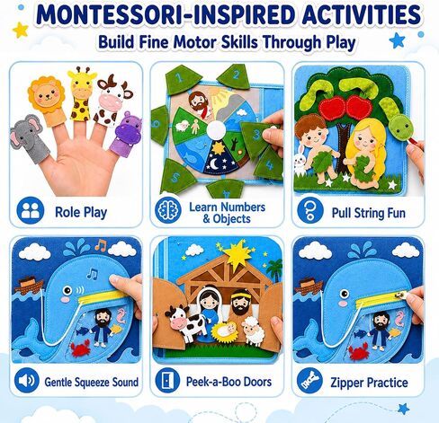 Bible Quiet Book, Felt Busy Book for Toddlers 1-3, Baptism Gifts | 7 Bible stories, Noah's Ark, Montessori toys, sensory play, soft felt pages, church toy, toddler travel toy, christening gift in Saudi Arabia