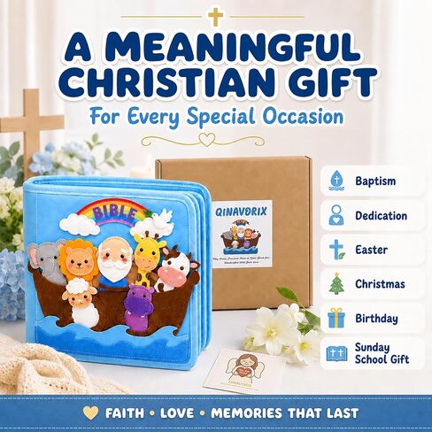 Bible Quiet Book, Felt Busy Book for Toddlers 1-3, Baptism Gifts | 7 Bible stories, Noah's Ark, Montessori toys, sensory play, soft felt pages, church toy, toddler travel toy, christening gift in Saudi Arabia