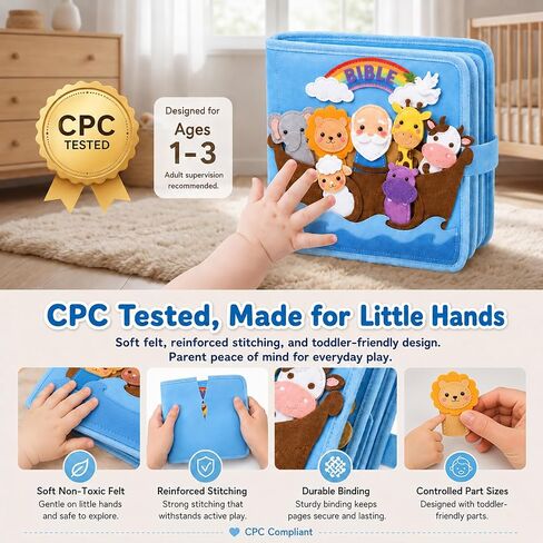 Bible Quiet Book, Felt Busy Book for Toddlers 1-3, Baptism Gifts | 7 Bible stories, Noah's Ark, Montessori toys, sensory play, soft felt pages, church toy, toddler travel toy, christening gift in Saudi Arabia