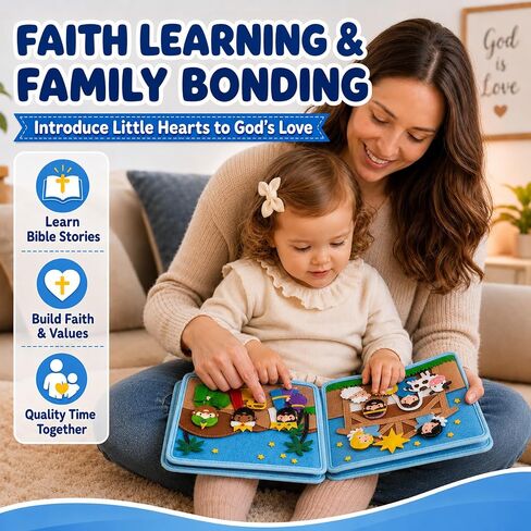 Bible Quiet Book, Felt Busy Book for Toddlers 1-3, Baptism Gifts | 7 Bible stories, Noah's Ark, Montessori toys, sensory play, soft felt pages, church toy, toddler travel toy, christening gift in Saudi Arabia