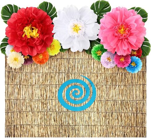 23 Pcs Luau Spiral Backdrop with 3D Hawaii Hibiscus Paper Flowers 71" x 43" ocean Themed Tropical Hawaiian Beach Backdrop Aloha Luau Party Decorations with Palm Leaves for Summer Ocean Voyage Party in Saudi Arabia