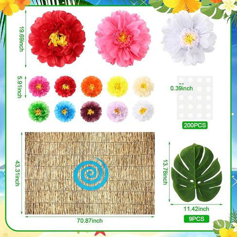 23 Pcs Luau Spiral Backdrop with 3D Hawaii Hibiscus Paper Flowers 71" x 43" ocean Themed Tropical Hawaiian Beach Backdrop Aloha Luau Party Decorations with Palm Leaves for Summer Ocean Voyage Party in Saudi Arabia