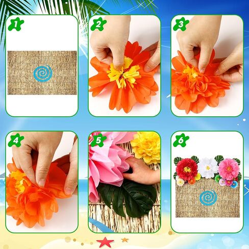 23 Pcs Luau Spiral Backdrop with 3D Hawaii Hibiscus Paper Flowers 71" x 43" ocean Themed Tropical Hawaiian Beach Backdrop Aloha Luau Party Decorations with Palm Leaves for Summer Ocean Voyage Party in Saudi Arabia