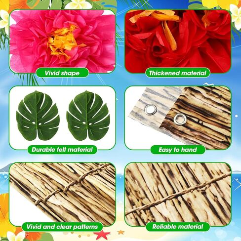 23 Pcs Luau Spiral Backdrop with 3D Hawaii Hibiscus Paper Flowers 71" x 43" ocean Themed Tropical Hawaiian Beach Backdrop Aloha Luau Party Decorations with Palm Leaves for Summer Ocean Voyage Party in Saudi Arabia