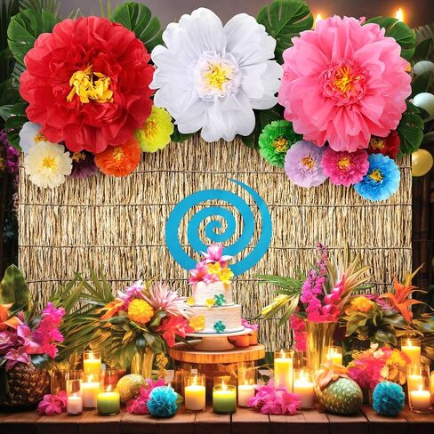 23 Pcs Luau Spiral Backdrop with 3D Hawaii Hibiscus Paper Flowers 71" x 43" ocean Themed Tropical Hawaiian Beach Backdrop Aloha Luau Party Decorations with Palm Leaves for Summer Ocean Voyage Party in Saudi Arabia