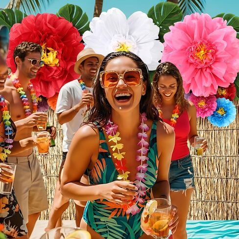 23 Pcs Luau Spiral Backdrop with 3D Hawaii Hibiscus Paper Flowers 71" x 43" ocean Themed Tropical Hawaiian Beach Backdrop Aloha Luau Party Decorations with Palm Leaves for Summer Ocean Voyage Party in Saudi Arabia