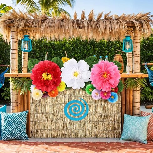 23 Pcs Luau Spiral Backdrop with 3D Hawaii Hibiscus Paper Flowers 71" x 43" ocean Themed Tropical Hawaiian Beach Backdrop Aloha Luau Party Decorations with Palm Leaves for Summer Ocean Voyage Party in Saudi Arabia