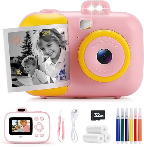 Instant Camera for Kids with Print Paper, 1080P HD Kids Camera Instant Print with 32GB SD Card, Girls Toys for Ages 5-7, Birthday Gifts for 5 6 7 8 9 Year Old Girls in Kuwait