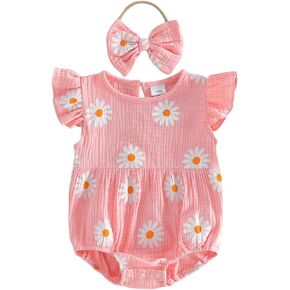 Baby Girl Daisy Rompers Outfit Fly Sleeve Infant Bodysuit Summer Bubble One Piece Jumpsuit Clothes Headband in Saudi Arabia