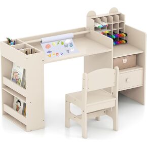 Costzon Kids Table and Chairs, 3-in-1 Wooden Art Drawing Desk Set (Natural) | Toddler Table w/ 4 Fabric Bins, Multiple Open Storage Compartments & a Paper Roll for Painting, Writing, Reading, Craft in Kuwait