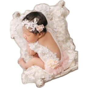 Zeroest Baby Girls Photography Lace Outfits & Props | Newborn Girl Photo Shoot Set with Romper, Headbands, Infant Photoshoot Prop in Kuwait