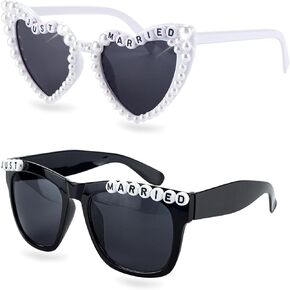 Just Married Sunglasses Set for Bride and Groom | Wedding Party Photo Booth Props, Pearl Heart Bride Glasses and Black Groom Sunglasses for Honeymoon, Beach Party in Saudi Arabia