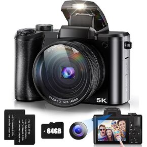 5K Digital Camera 64MP Cameras for Photography, 5X Optical Zoom Compact Travel Camera Front and Rear Dual Cameras Vlogging Camera for YouTube with 3.2" IPS Touchscreen, 64G TF Card, 2 Batteries in Saudi Arabia