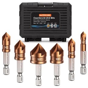 Countersink Drill Bit Set, M2 Cobalt HSS Countersink Drill Bits 6 Pieces 1/4 Inch Quick Change Hex Shank for Metal, Wood, Stainless Steel, Carbon Steel | CO HSS Heat & Wear Resistant, 5-Flute Smooth Drilling, 82° Tip, 5+1 Multi-Size, Works on Metal, Wood, in Saudi Arabia