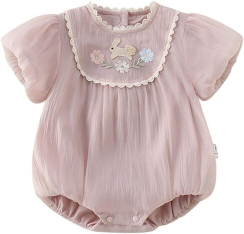 Newborn Baby Girl Summer Bubble Romper Cute Bunny Embroidered Lace Short Sleeve Cotton Lined Bodysuit in Kuwait