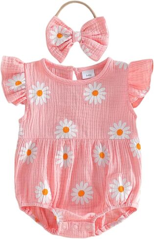 Baby Girl Daisy Rompers Outfit Fly Sleeve Infant Bodysuit Summer Bubble One Piece Jumpsuit Clothes Headband in Saudi Arabia