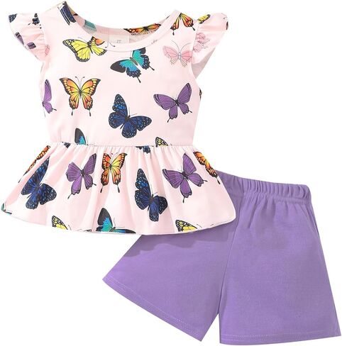 Girls Summer Outfits Toddler Baby Girls Short Sets 2 Piece Clothing Set Flutter Sleeve Shirt and Short 2-7 Years in Saudi Arabia