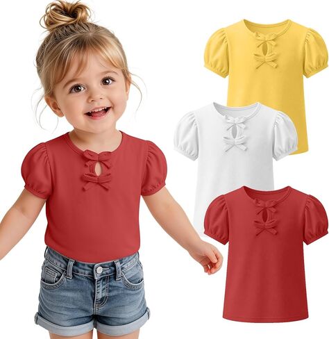 3 Pack Toddler Girl Shirts | Short Sleeve Tops, Puff, Crew Neck, Babys, Cute, Basic, Soft, Size 18M- 5T in Saudi Arabia