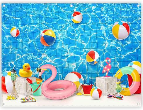 7x5ft Summer Swimming Pool Photography Backdrop Water Banner | Blue Splash Waves Tropical Beach Ocean Ball Background, Kids Adults Party Decorations, Holiday Photo Booth, Polyester Fabric in Kuwait